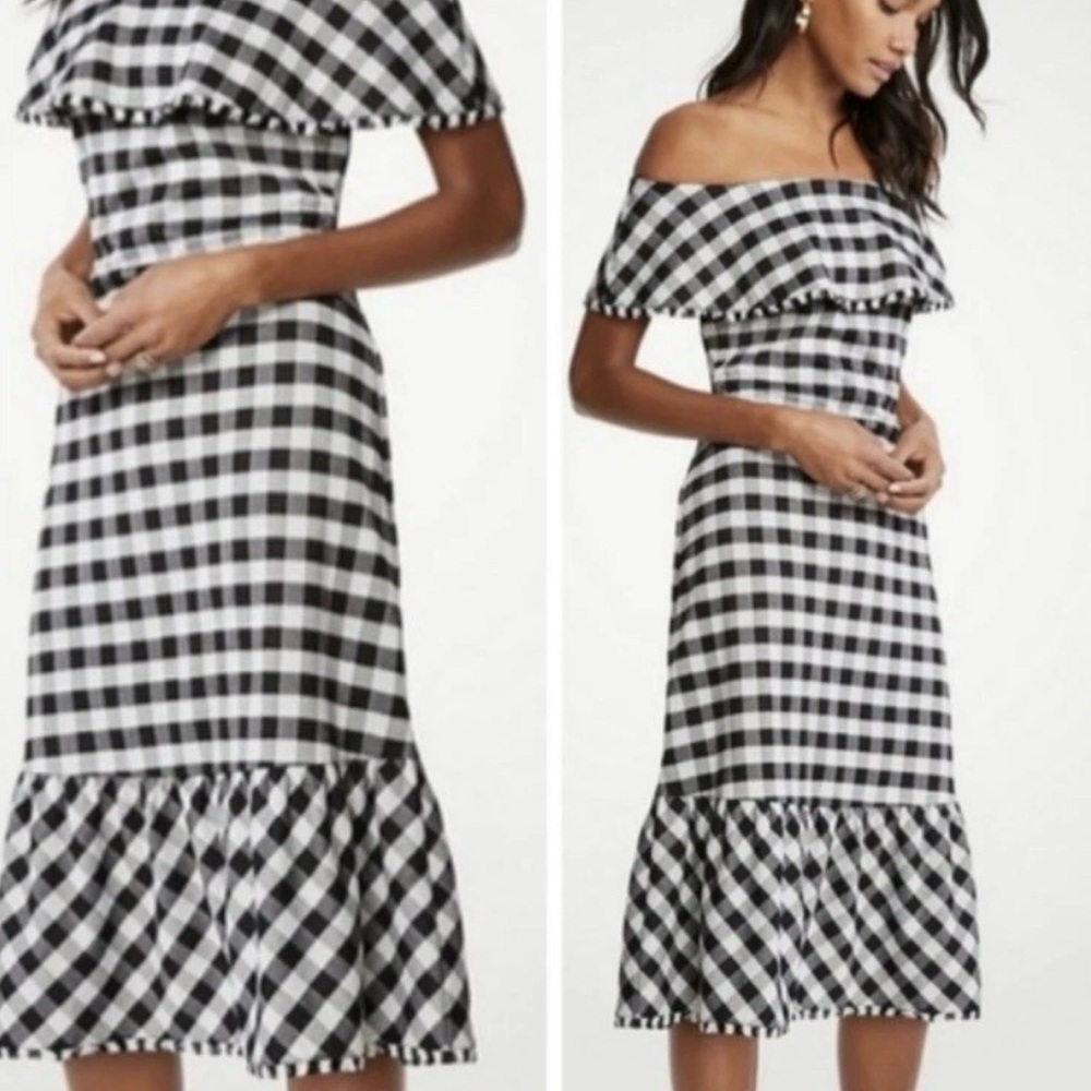 Off-Shoulder Black & White Gingham Midi Dress